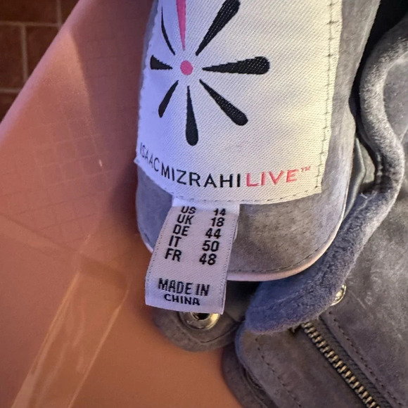 Isaac Mizrahi NWOT 100% suede blue/gray silver hardware flight jacket 21” p2p - Picture 13 of 15